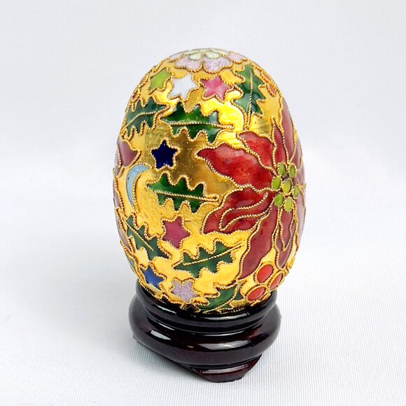 Cloisonne Enameled Brass Christmas Holiday Poinsettia Egg & Stand - Picture 3 of 7